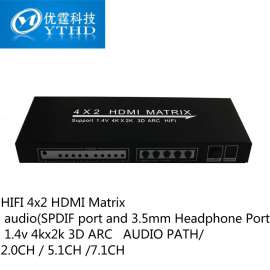 优霆1.4V 4KX2K 3D HDMI矩阵4X2切换器分配器，ARC音频回传，支持5.1 独立音频分离功能，四进二出，四乘二，4进2出