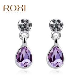 ROXI欧美畅销白金新款水钻紫色水滴玻璃耳钉供应商货源一件代发