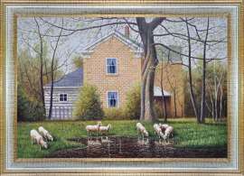 风景油画-草地上的羊群