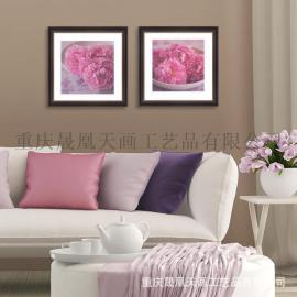现代客厅装饰画 田园风格床头挂画粉红花朵有框双联画