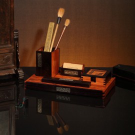 文房四宝方笔筒, 红木商务办公摆件五件套旅游纪念品