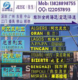 深圳东莞广州到阿尔及利亚ALGIERS（阿尔及尔）的国际海运空运物流公司
